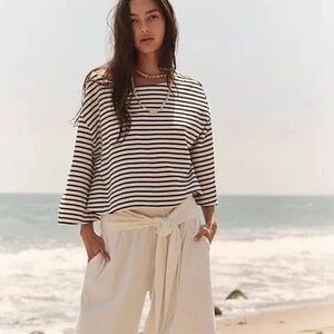 Free People Beach Cape Azul Striped Breton Wide Sleeve Top In Navy Combo Sz L